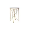 Round end table with a white marble top and gold criss-cross steel legs.