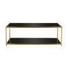 Rectangular coffee table with straight lines in a gold frame and two levels of black glass shelves