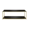 Rectangular coffee table with straight lines in a gold frame and two levels of black glass shelves