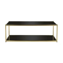 Rectangular coffee table with straight lines in a gold frame and two levels of black glass shelves
