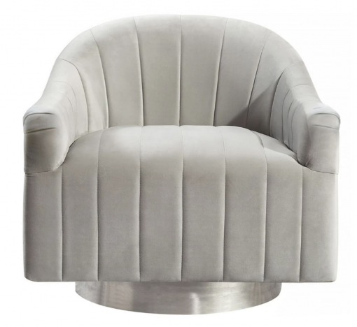 Light gray velvet chair with vertical lines in the fabric