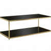 Side view of two tied coffee table with black glass and gold frame