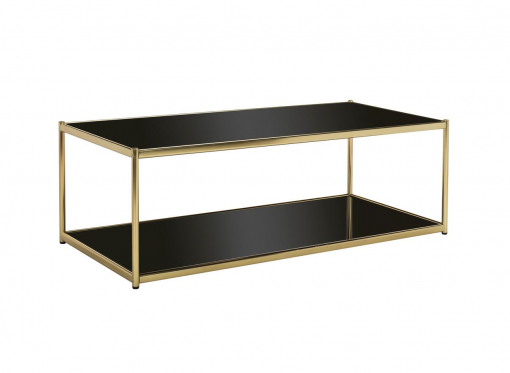 Side view of two tied coffee table with black glass and gold frame