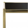 Two tier rectangular coffee table with gold metal frame and black glass shelf, side view