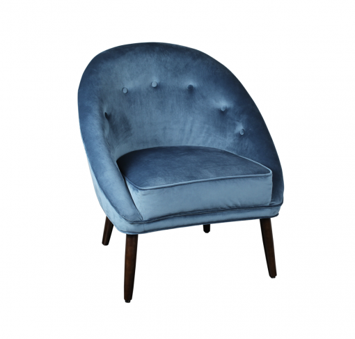 Blue velvet upholstered chair with tufted round back that tapers through the arms