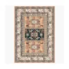 Area rug with geometric patterns in rust, tangerine, and blue colors.