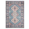 Area rug with 3 coral colored designs surrounded by blue and a multi-colored border