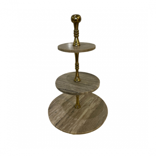 3 tiered cake stand with brown/gray round marble tiers getting progressively smaller. Gold pole holding them together with a gold ball on top