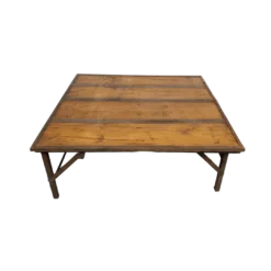 Wooden square low boho table with metal edging. Vintage