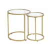 Aston nesting side tables with gold metal frames and clear glass tops, front view