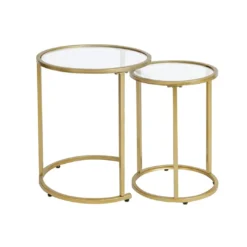 Aston nesting side tables with gold metal frames and clear glass tops, front view