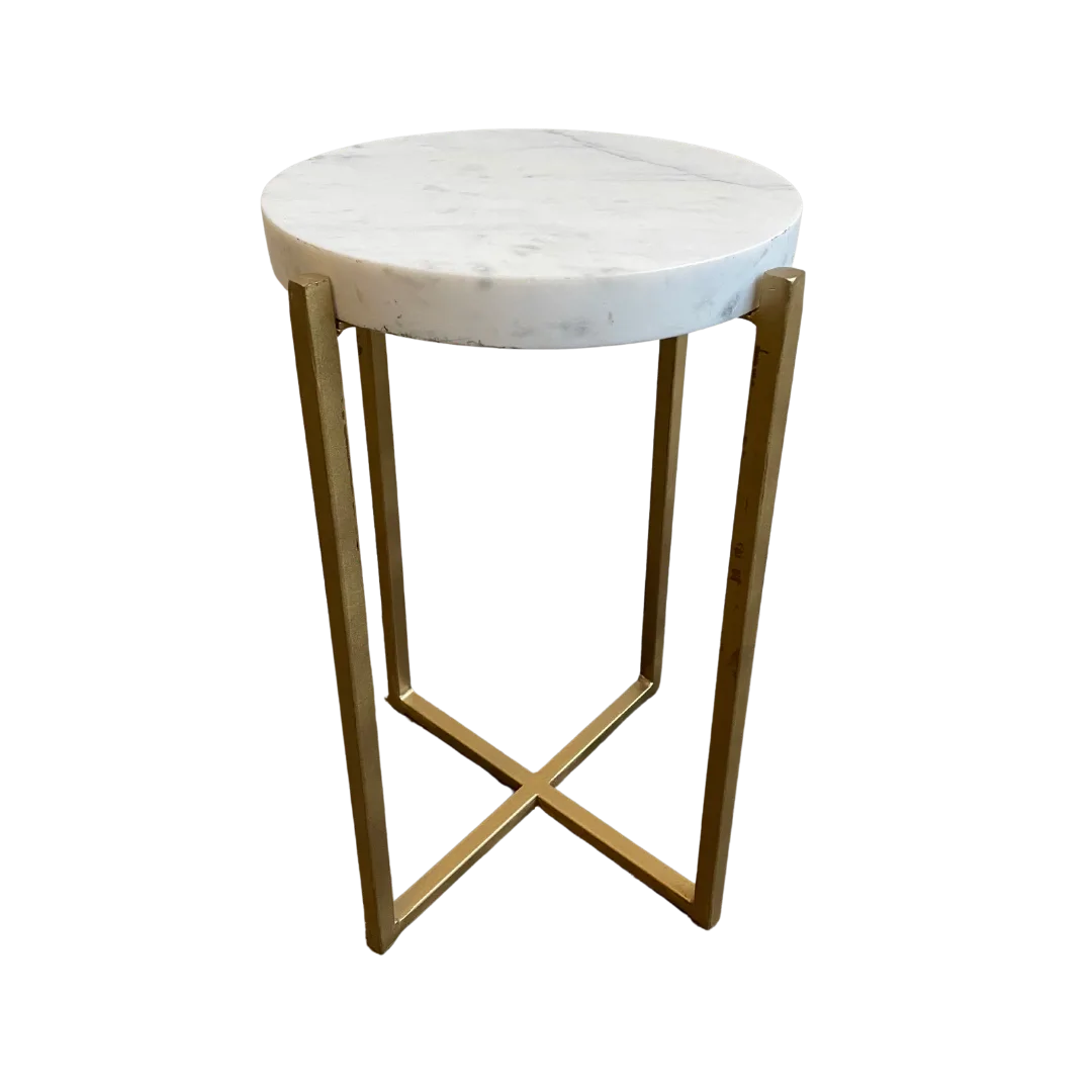 Blair Petite Side Table WEBP Short accent table with white marble top and 4 gold straight legs that make a 90 degree turn at the bottom and cross into an X.