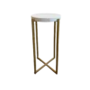Tall and skinny side table with round white marble top and gold clean lines for the legs coming to an X at the bottom.