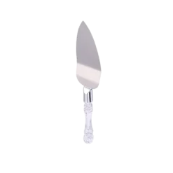Carissa Cake Server with clear lucite handle and stainless steel blade, 13 inches, top view on white background