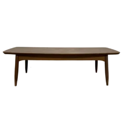 Brown mid-century modern rectangular coffee table. Soft rounded corners.