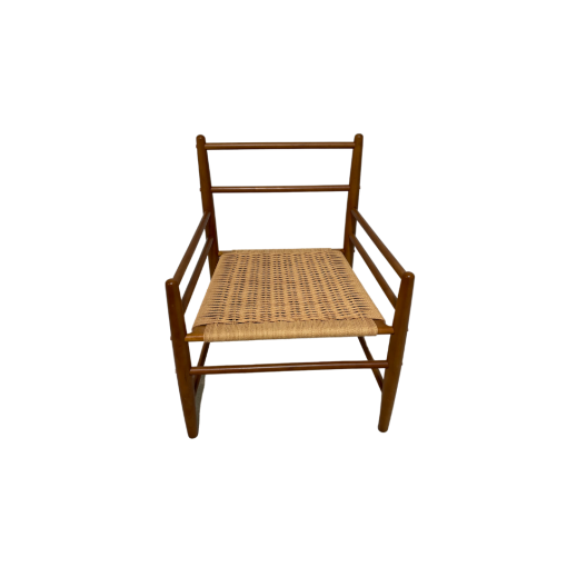 Light wood arm chair. Cushions can be removed individually. Woven light brown seat.