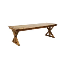 Solid wood farm table in a neutral stain. Cross legs making a stylish X at each end.