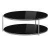 Round coffee table with two tiers of black glass. Silver frame around each circle and silver vertical poles