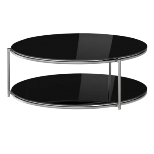 Round coffee table with two tiers of black glass. Silver frame around each circle and silver vertical poles