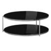 Round coffee table with two tiers of black glass. Silver frame around each circle and silver vertical poles
