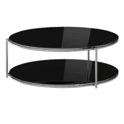 Round coffee table with two tiers of black glass. Silver frame around each circle and silver vertical poles