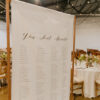 Copper rectangular sign holder with a white banner with table assignments on it in the foreground. Background is a wedding reception.