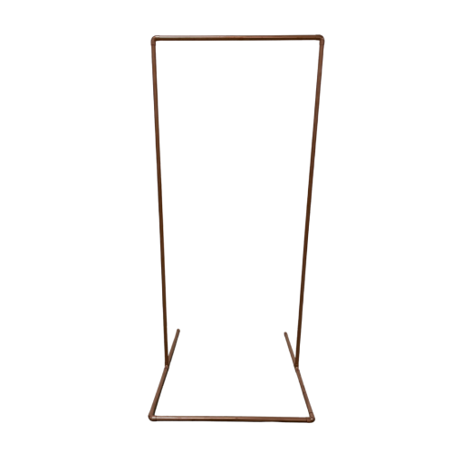 Copper piping forming a tall rectangular stand. Used in weddings for welcome signs, seating charts, or event signage.