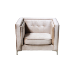 Front view of tan chair with a square shape. No pillows