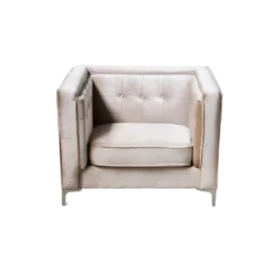 Front view of tan chair with a square shape. No pillows