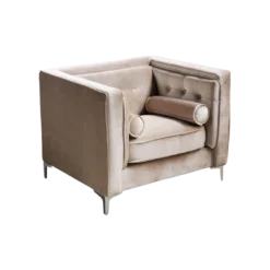 Square champagne velvet accent chair with button tufting and silver metal legs