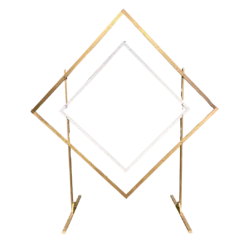 Two diamond shaes on a two stands. One extra large diamond stands 8 feet tall and is painted gold. The smaller diamond sits inside the large one and is painted white. Perfect for a wedding ceremony backdrop!