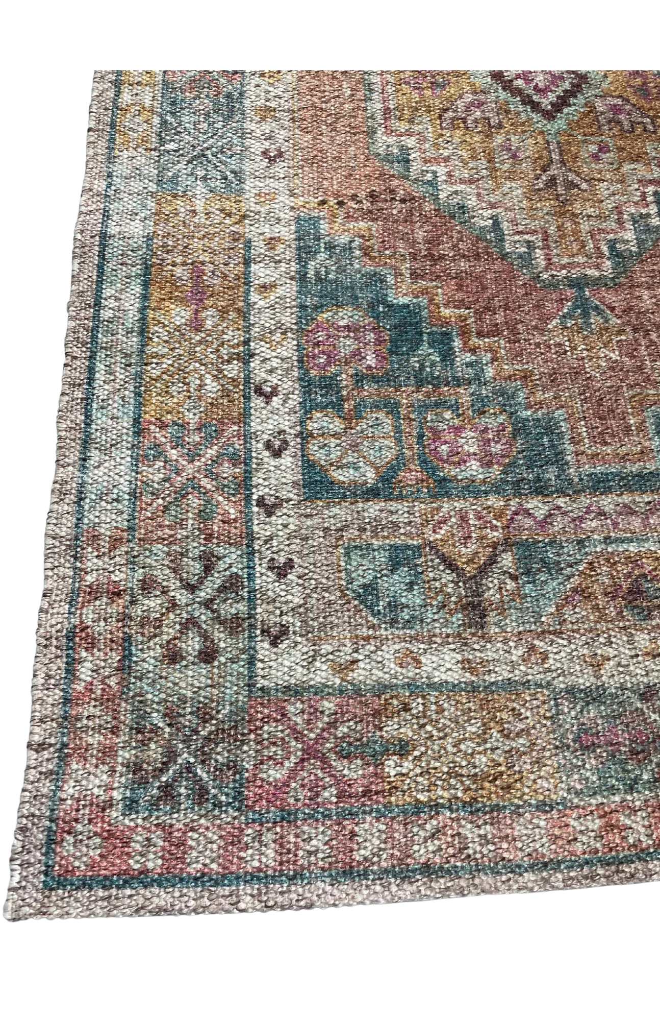 Elios Rug close up corner view WEBP Corner view of rug - border with multi-color designs