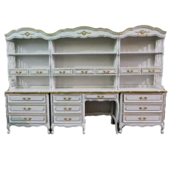 Vintage dresser with hutch for use as a bar. Painted with with find gold detailing.