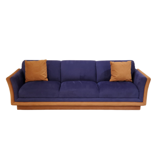 Purple boxy velvet sofa with tan edging, tan velvet base. Matching tan pillows are removable