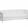 White leather boxy sofa with three cushions. Silver metal frame around the arms with 3 bars. Silver legs.