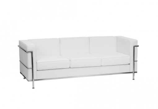 White leather boxy sofa with three cushions. Silver metal frame around the arms with 3 bars. Silver legs.