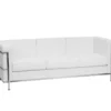 White leather boxy sofa with three cushions. Silver metal frame around the arms with 3 bars. Silver legs.