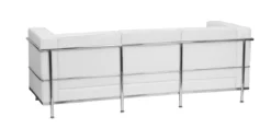 Back view of the sofa. White leather sitting in a silver frame. 3 parallel horizontal poles with 4 vertical poles creating rectangles.