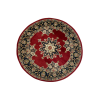 Ariel view of a round rug with navy flowered border and deep red inside. Navy and white medallion in the center.