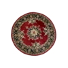 Ariel view of a round rug with navy flowered border and deep red inside. Navy and white medallion in the center.