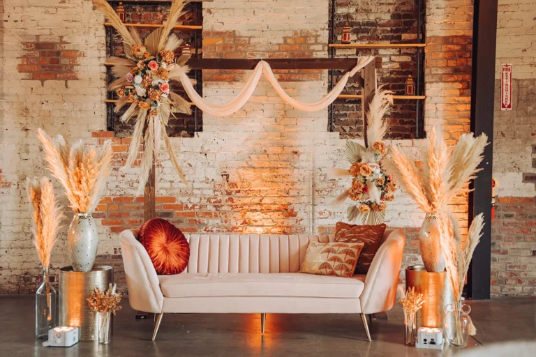 Rosani blush pink velvet sofa and Ganzi side tables styled for an Indian wedding lounge at INDUSTRY in Indianapolis