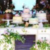 Ivory vintage desk with dessert cakes and florals