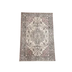 Arial view of the Jillian rug - soft pinks with gray. Medallion in the middle with cream surrounding.