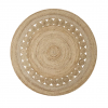 Natural jute rug - round. Solid center with small circles about 3 quarters of the way out surrounded with another layer of solid jute.