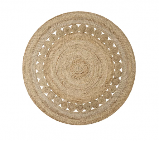 Natural jute rug - round. Solid center with small circles about 3 quarters of the way out surrounded with another layer of solid jute.