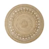 Natural jute rug - round. Solid center with small circles about 3 quarters of the way out surrounded with another layer of solid jute.