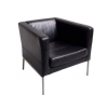 Black barrel chair with boxy lines. Black leather. Arms and back are the same height. Silver legs.