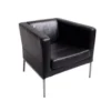 Black barrel chair with boxy lines. Black leather. Arms and back are the same height. Silver legs.