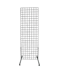 Black wire metal grid panel - two feet wide and 6 feet tall with legs. Freestanding.