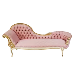 Pink Victorian fainting couch rental - Juliette Fainting Sofa with tufted damask upholstery and carved gold frame by Violet Vintage Rentals Indianapolis
